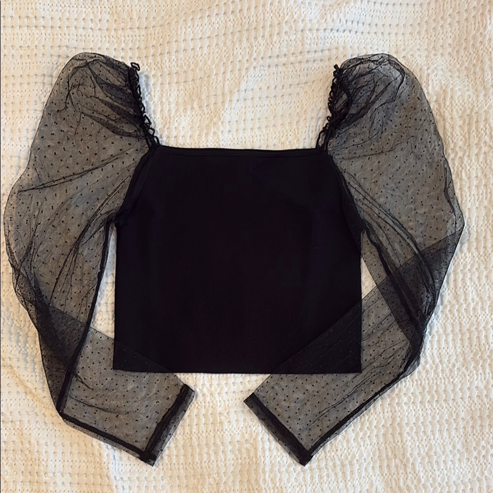 Zara Black Square Neck Crop Top with Sheer Puff Dot Sleeves